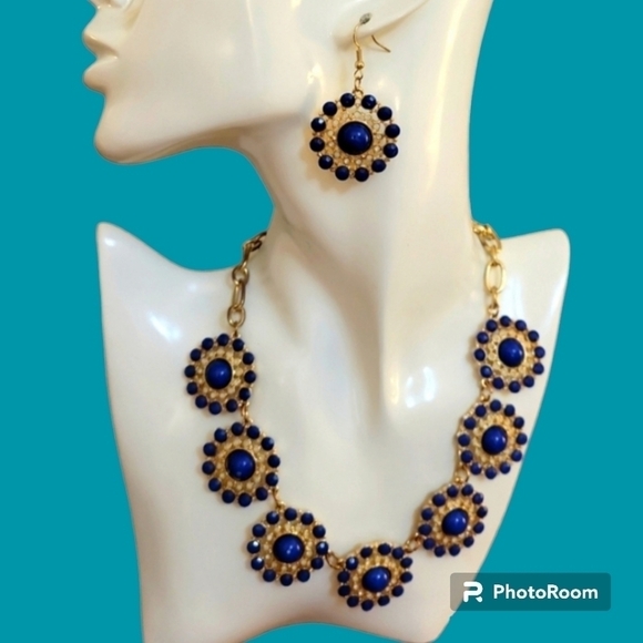 VTG Y2k Royal Blue Floral Chain Necklace Earrings Set - Picture 1 of 12